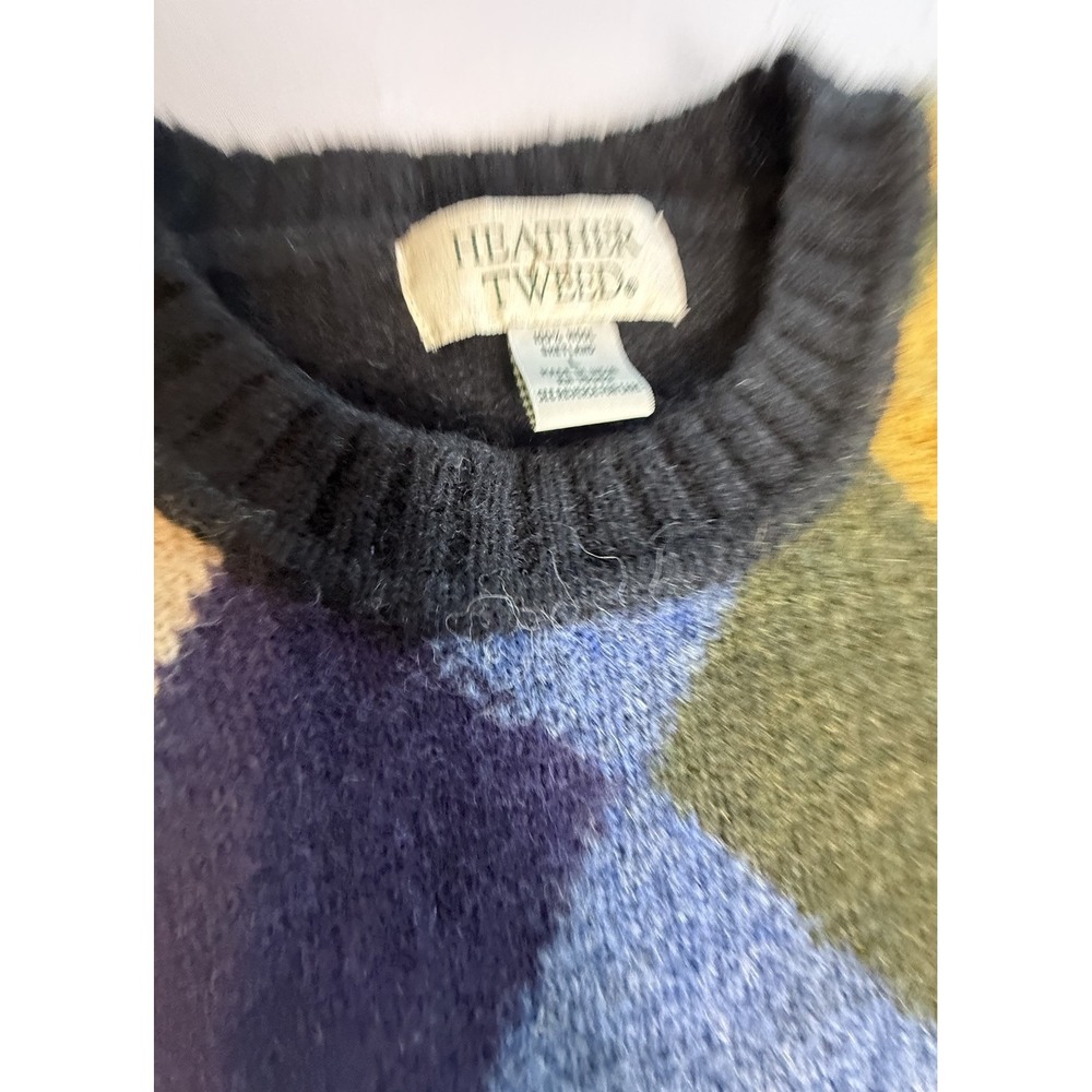 Heather & Tweed Mens Shetland Wool‎ Sweater L Colorful Argyle Crew Neck- - Picture 2 of 6
